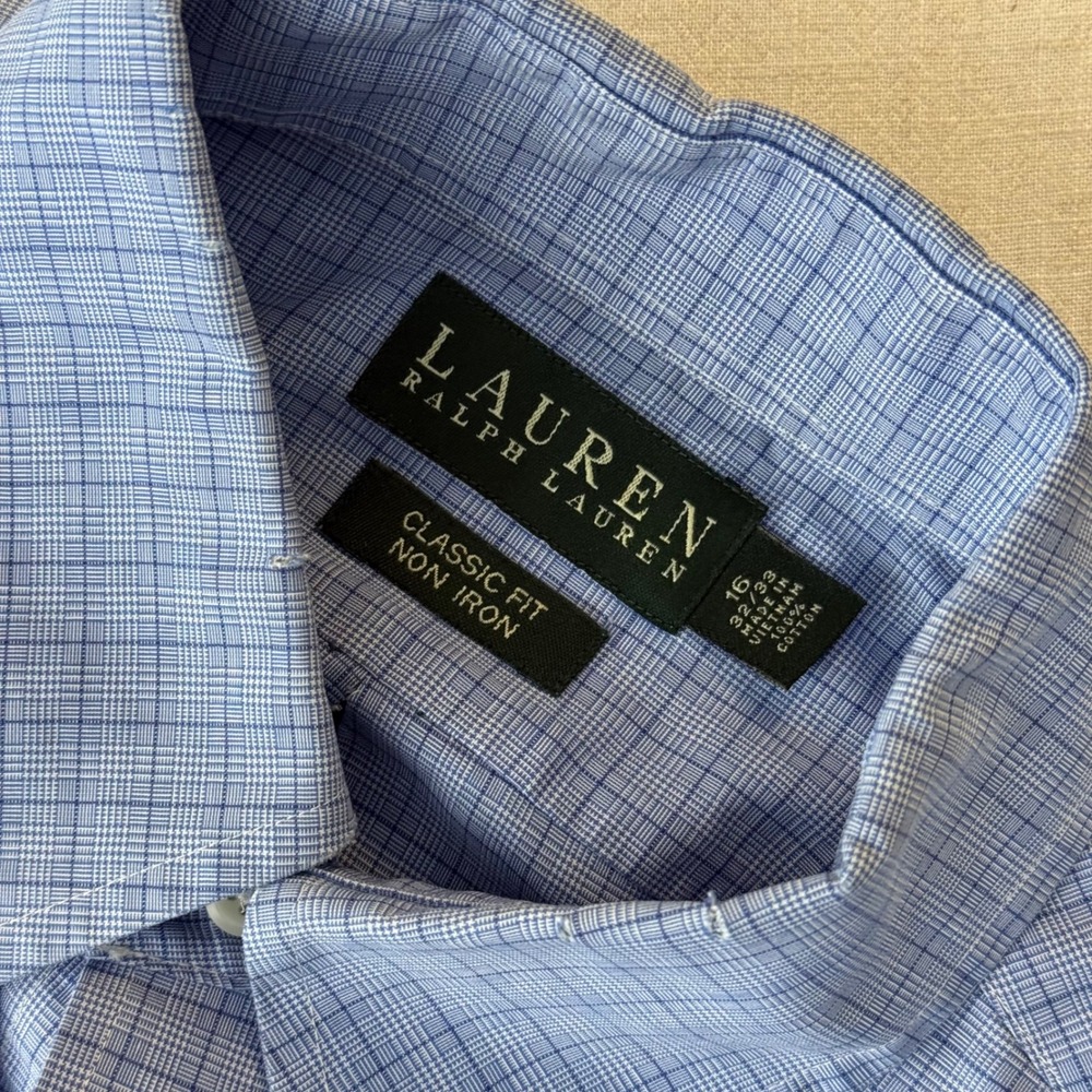 Lauren Ralph Lauren Mens Classic Fit Non Iron Blue Check Dress Shirt 16 32/33 - Picture 6 of 7